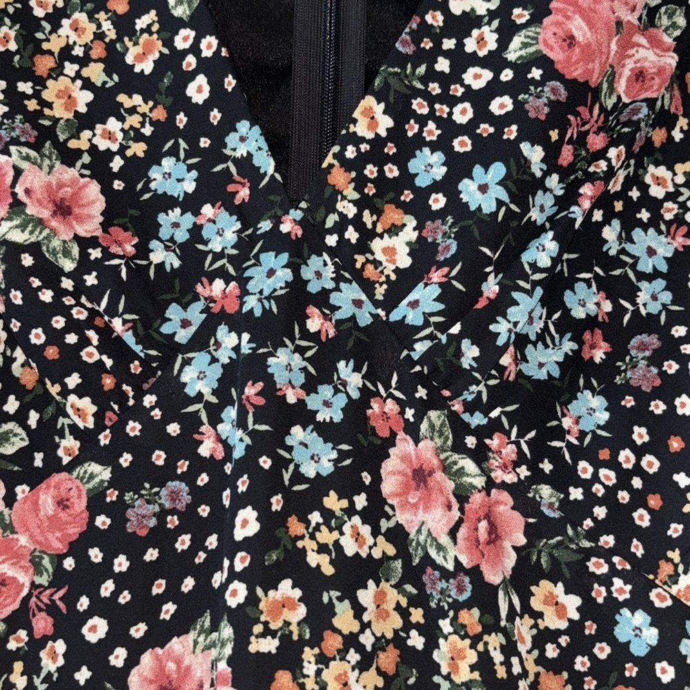 Anthropologie Black Floral Midi Dress with Pink & Blue Flowers - Picture 4 of 9